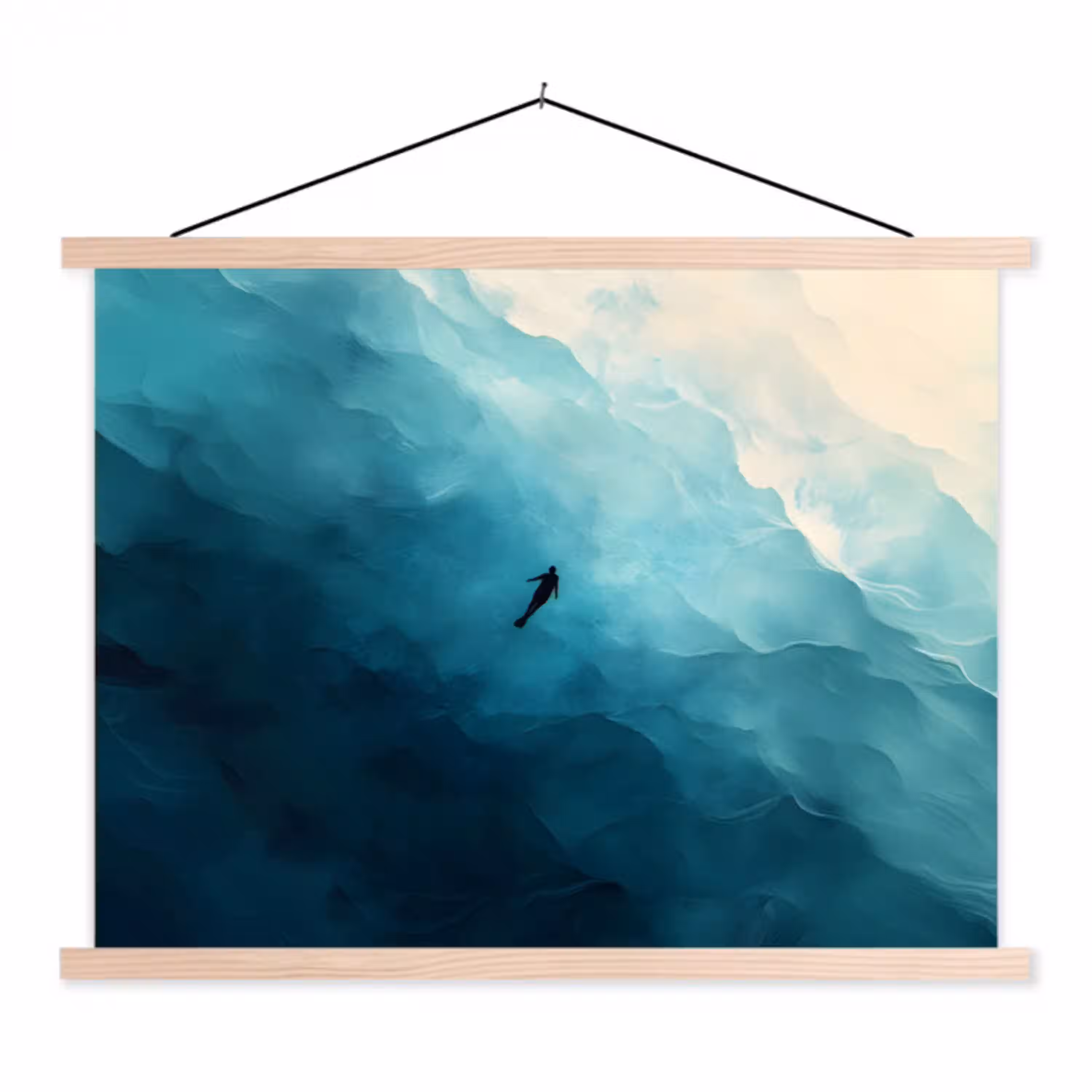 Zee - Silhouet - Abstract - Blauw textielposter latten blank klein -3d