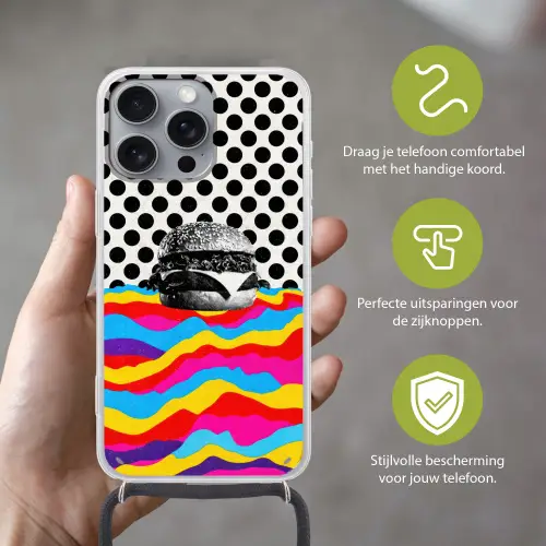 Hamburger - Stippen - Golven - Kleuren Hoesje iPhone 16 Pro Max met koord klein -sfeer2_NL