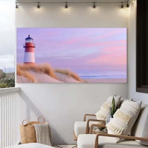 Vuurtoren - Duinen - Zonsondergang Tuinposter op houten frame 2 cm dik xxl -sfeer1