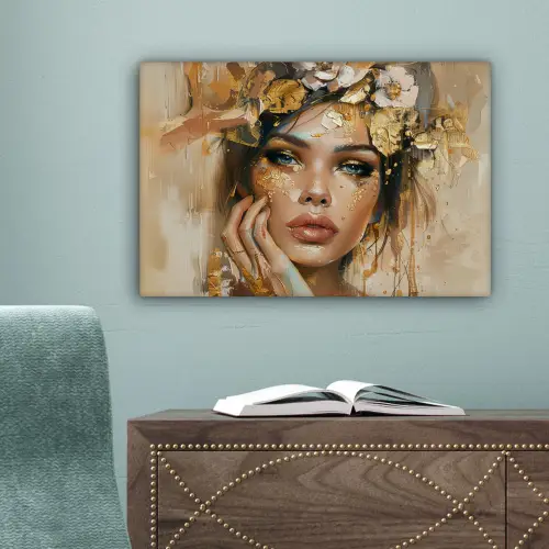 Vrouw - Bloemen  - Goud - Portret canvas 2cm klein -sfeer4