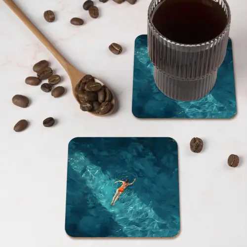 Vrouw - Water - Bikini - Oranje onderzetter kurk middel -sfeer2