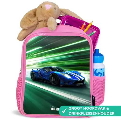 Blauwe raceauto met strepen in groene tunnel Kinderrugzak - Roze middel -inhoud_NL