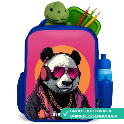 Panda met Koptelefoon, Zonnebril en Gouden Ketting Kinderrugzak - Blauw middel -inhoud_NL