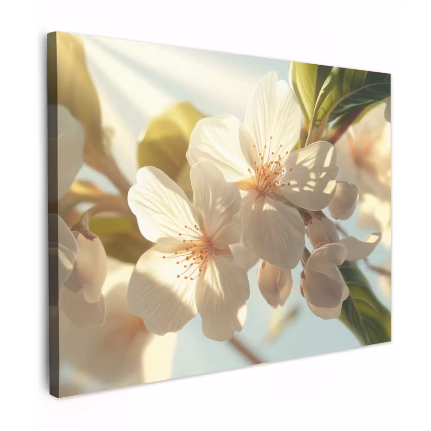 Canvas schilderij - Bloesems - Wit - Zonnestralen -  Bloemblaadjes
