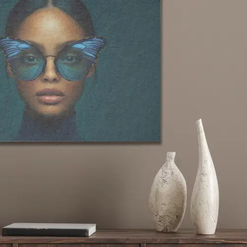 Vrouw - Vlinder - Bril - Blauw - Modern - Portret PET vilt klein -sfeer6_closeup