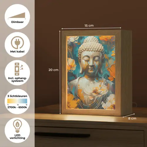 Buddha - Bloemen - Kleurrijk - Modern Light Box met kabel (Tafellamp) klein -USP_NL