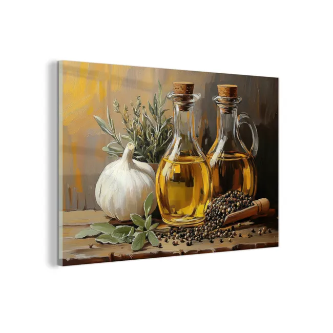 Glas schilderij - Stilleven - Olijfolie - Knoflook - Kruiden