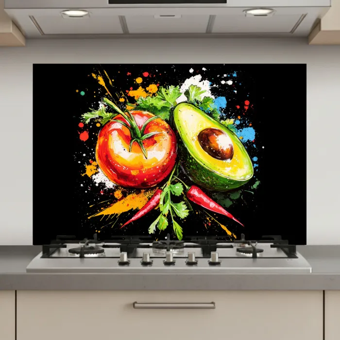 Tomaat - Avocado - Peper - Graffiti - Verf - Modern keuken achterwand spatscherm klein -3d_website