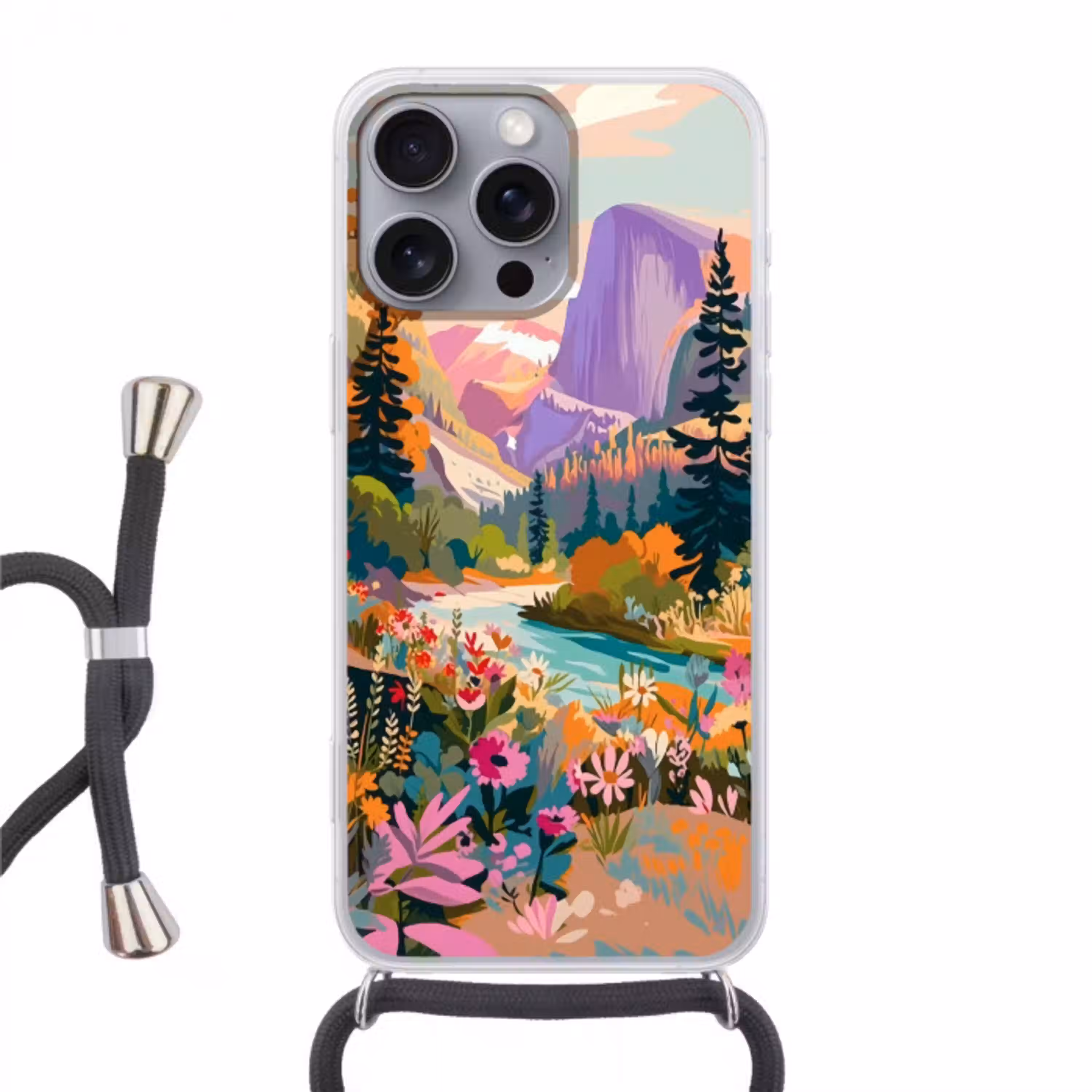 Rivier - Vallei vol bloemen - Levendig Hoesje iPhone 16 Pro Max met koord klein -3d