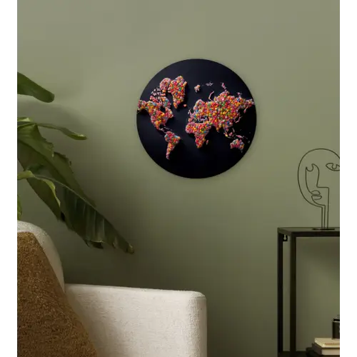 Wereldkaart - Snoepjes - Felle kleuren Wandcirkel plexiglas klein -sfeer3