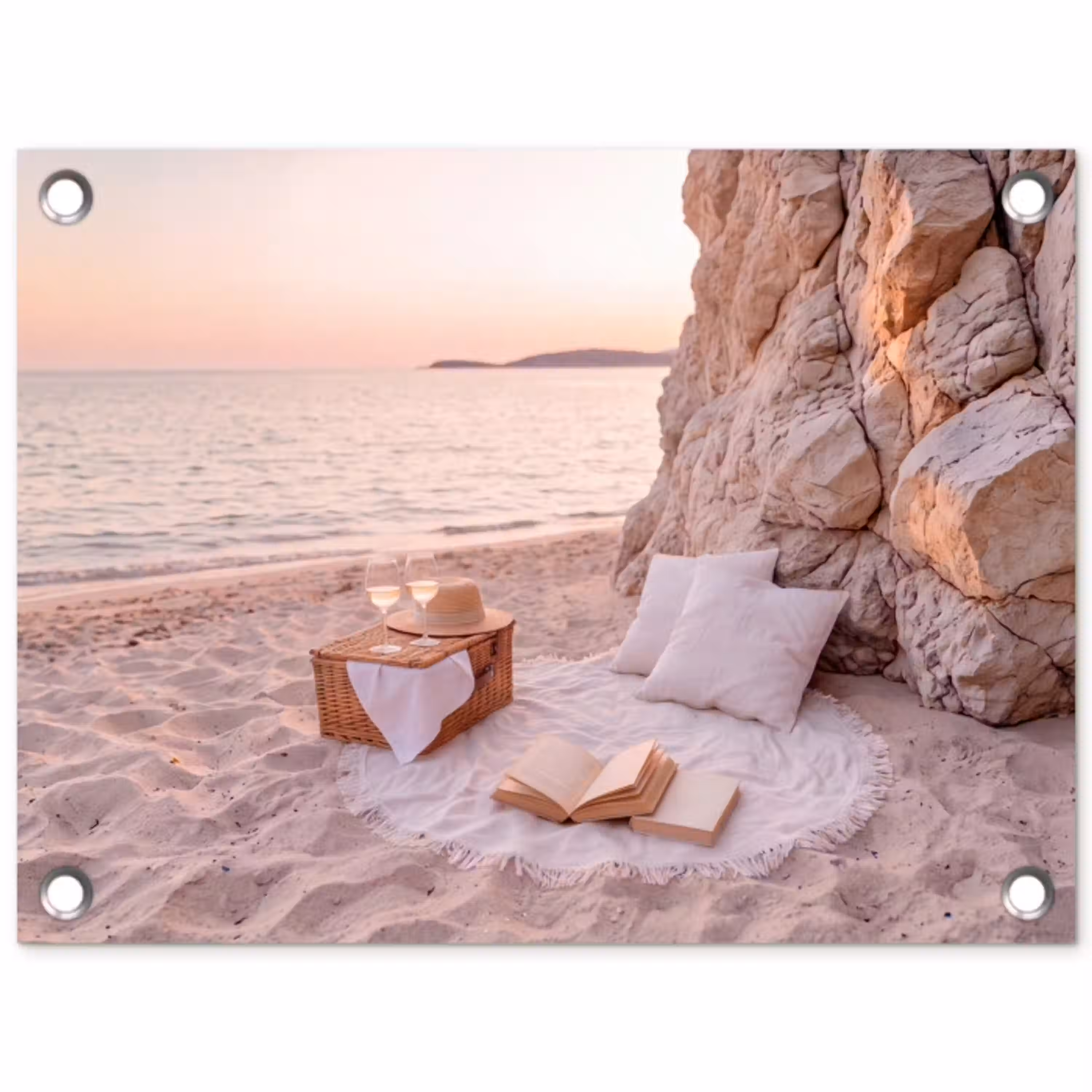 Strand - Picknick - Zonsondergang - Zomer - Natuur tuinposter los doek klein -3d