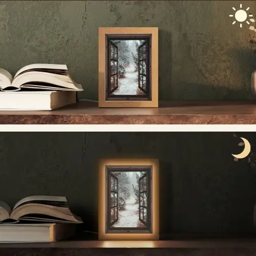 Bos - Winter - Bomen - Natuur - Pad - Doorkijk Light Box met kabel (Tafellamp) klein -sfeer3