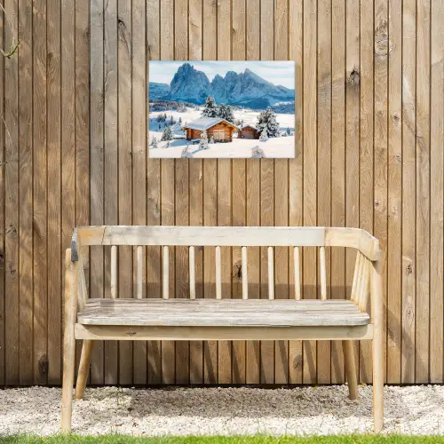 Winter - Huisje - Bergen - Uitzicht - Sneeuw Tuinposter op houten frame 2 cm dik klein -sfeer4