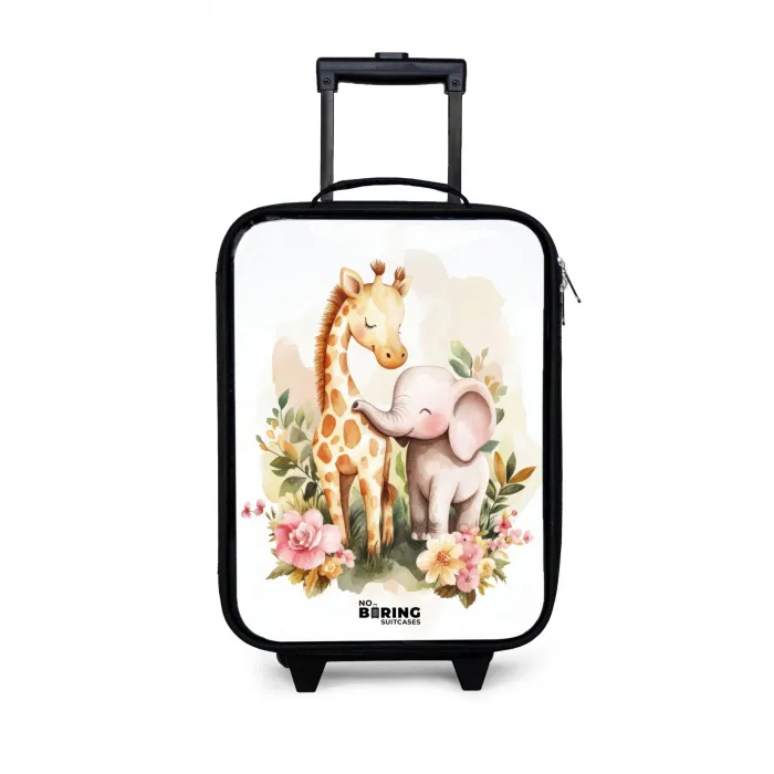 Giraffe en olifant tussen bloemen op witte achtergrond Kinderkoffer - Zwart klein -3d