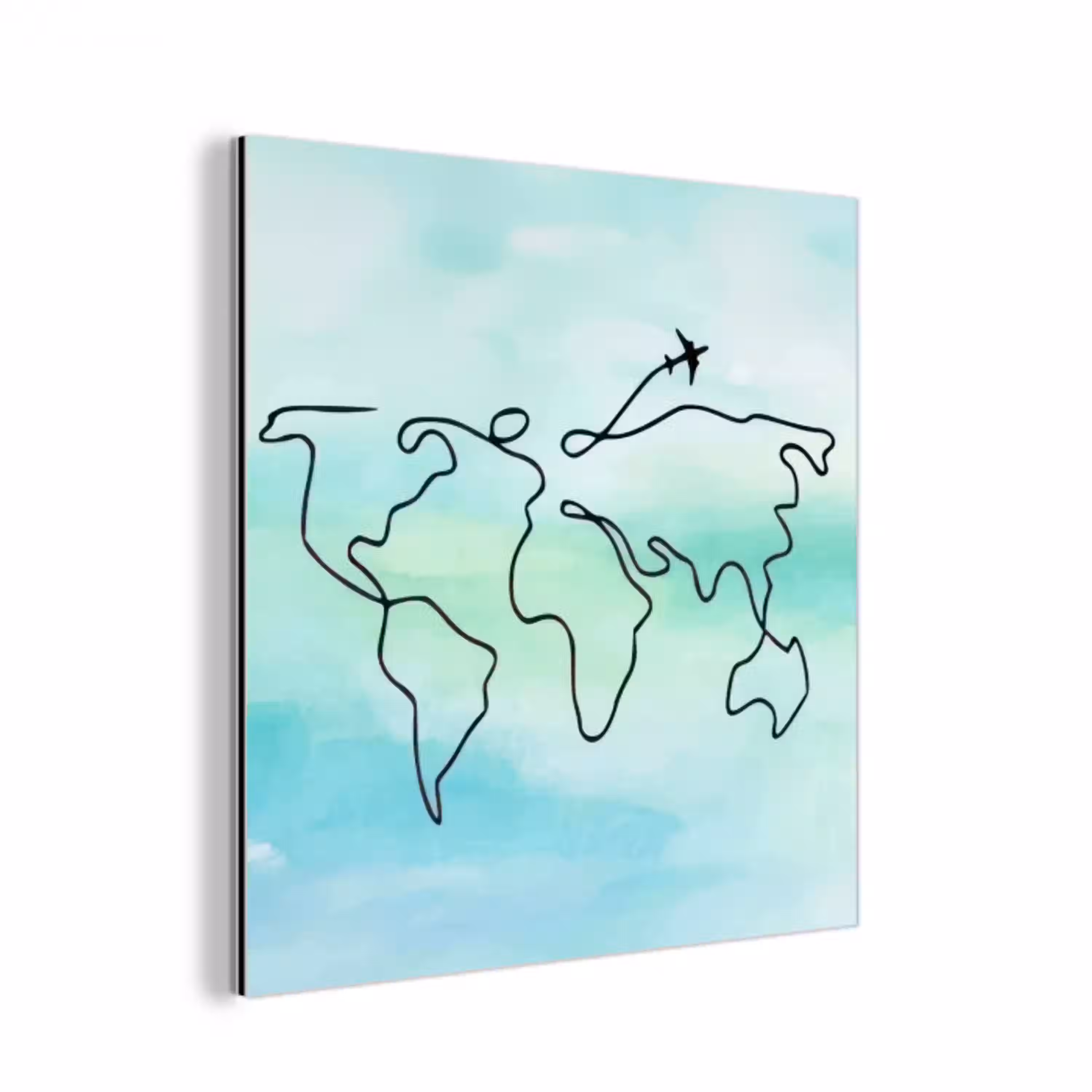 Vliegtuig - Aquarel - Lijn - Wereldkaart aluminium wit klein -3d