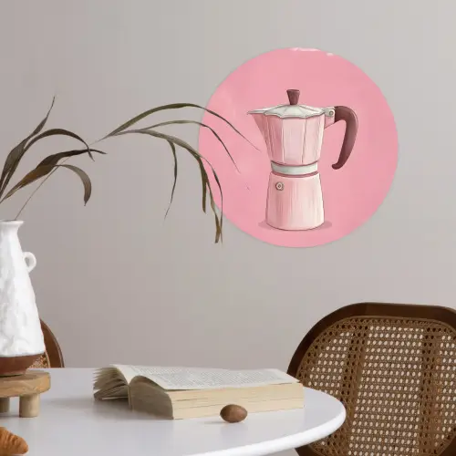 Roze - Mokkapot - Illustratie - Koffie Wandcirkel behangsticker klein -sfeer3
