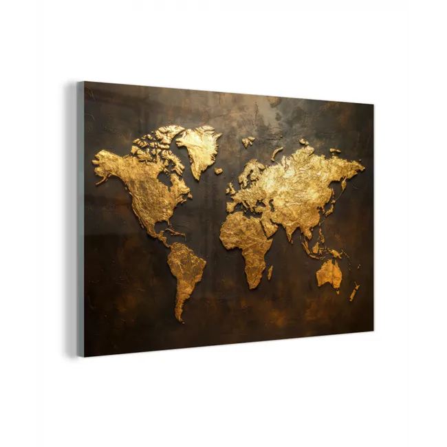 Glas schilderij - Wereldkaart - Goud - Roest