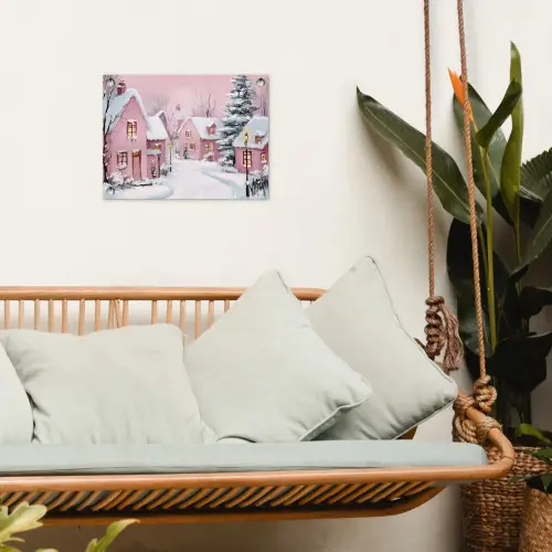 Kerstdorp - Roze - Winter - Sneeuw - Huizen tuinposter los doek klein -sfeer7