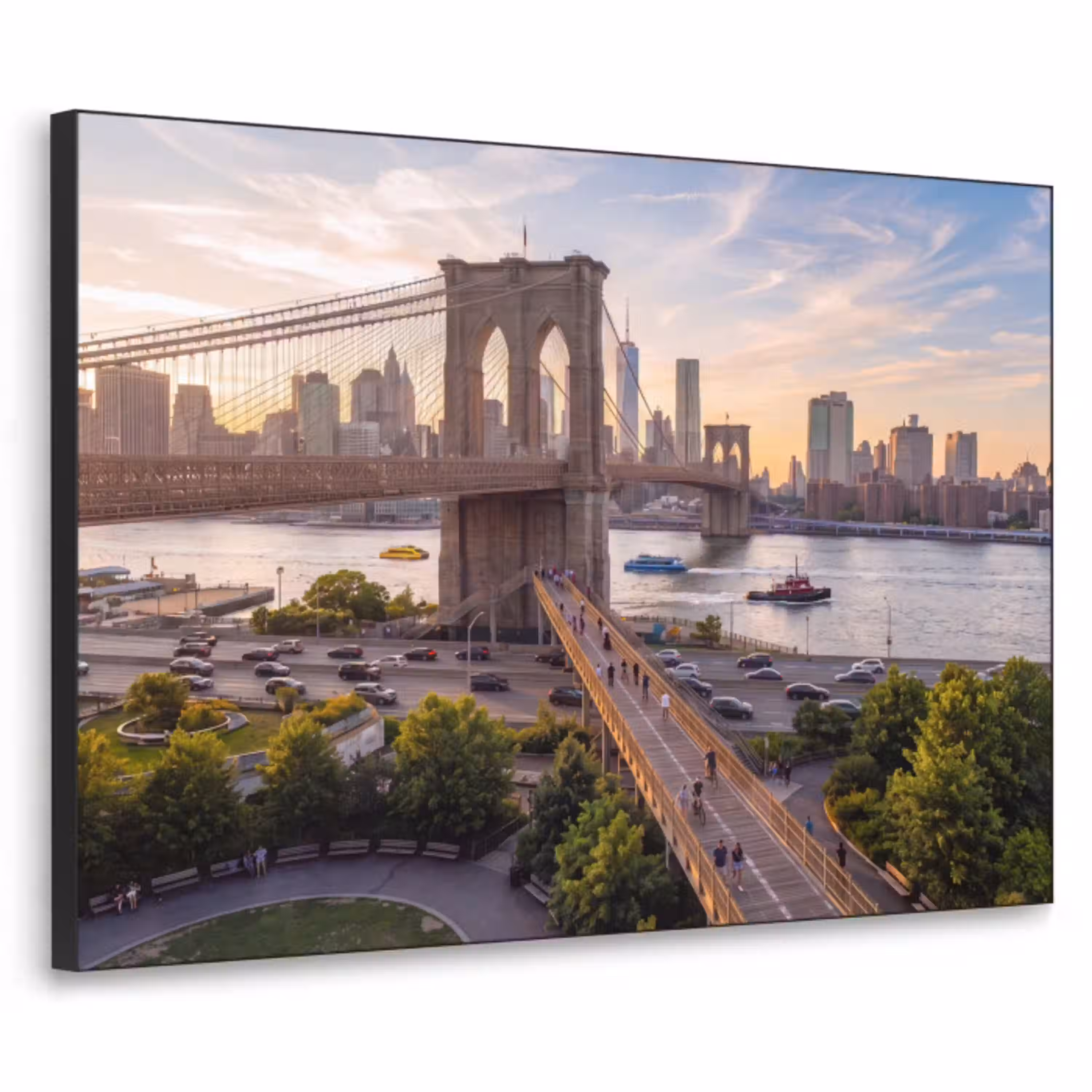 Brug - Rivier - Stad - Zonsondergang - Architectuur Textielframe zwart klein -3d