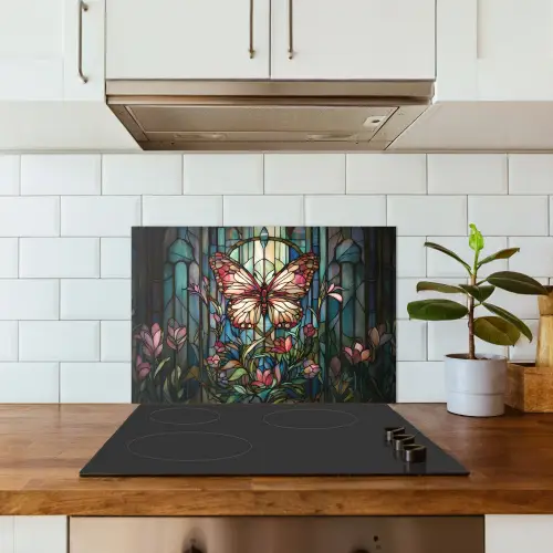 Vlinder - Roze - Bloemen - Bladeren keuken achterwand spatscherm klein -sfeer2