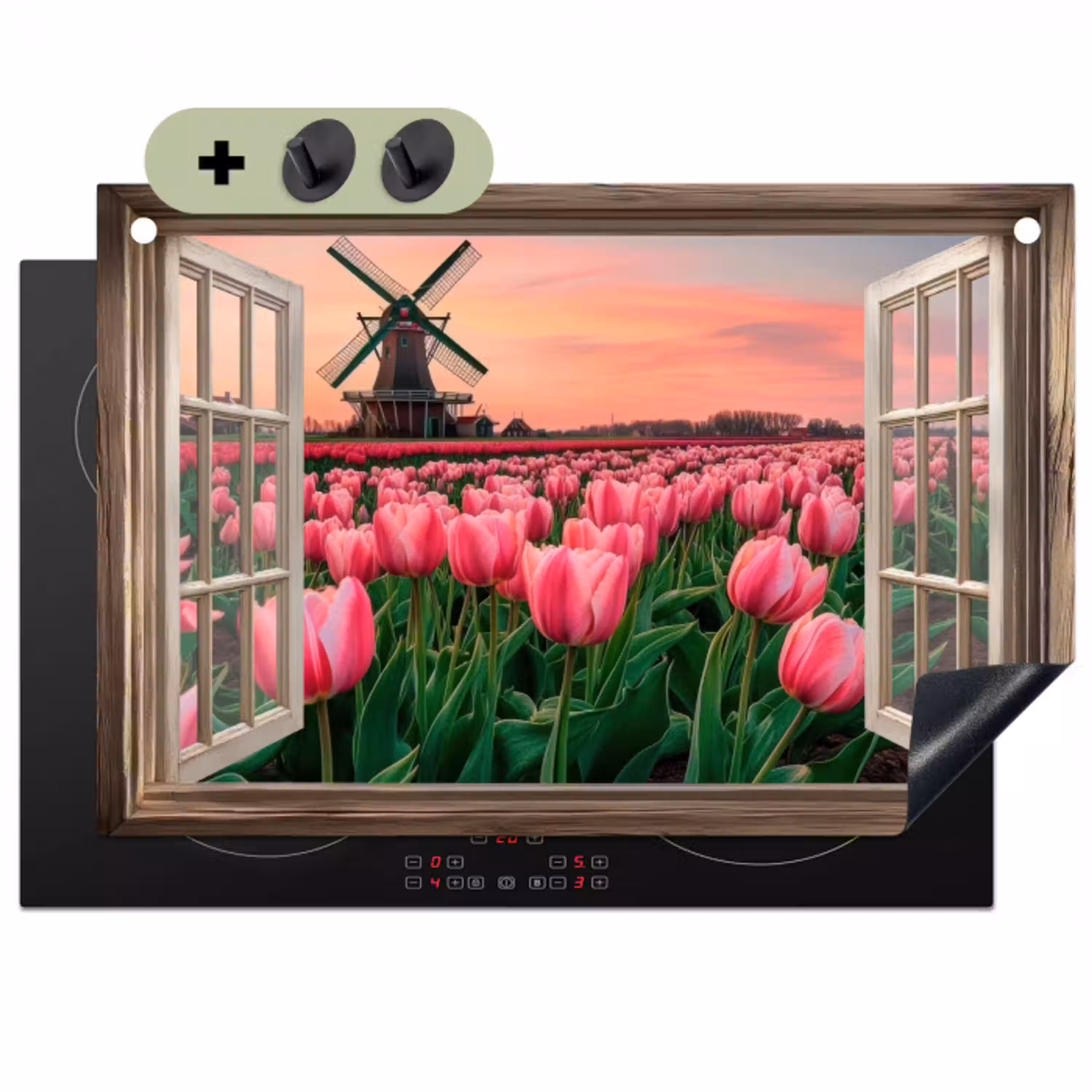 Doorkijk - Tulpen - Bloemen - Molen - Raam Inductie beschemer met haakjes klein -3d