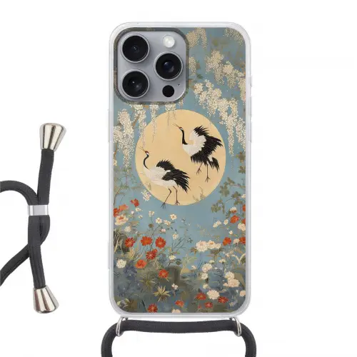 Kraanvogels - Maan - Bloemen - Blauw Hoesje iPhone 16 Pro Max met koord klein -3d