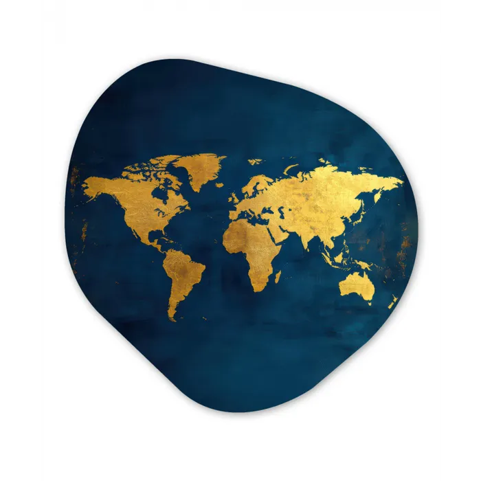 Wereldkaart - Goud - Donkerblauw Wandcirkel Organisch Forex 3mm klein -3d