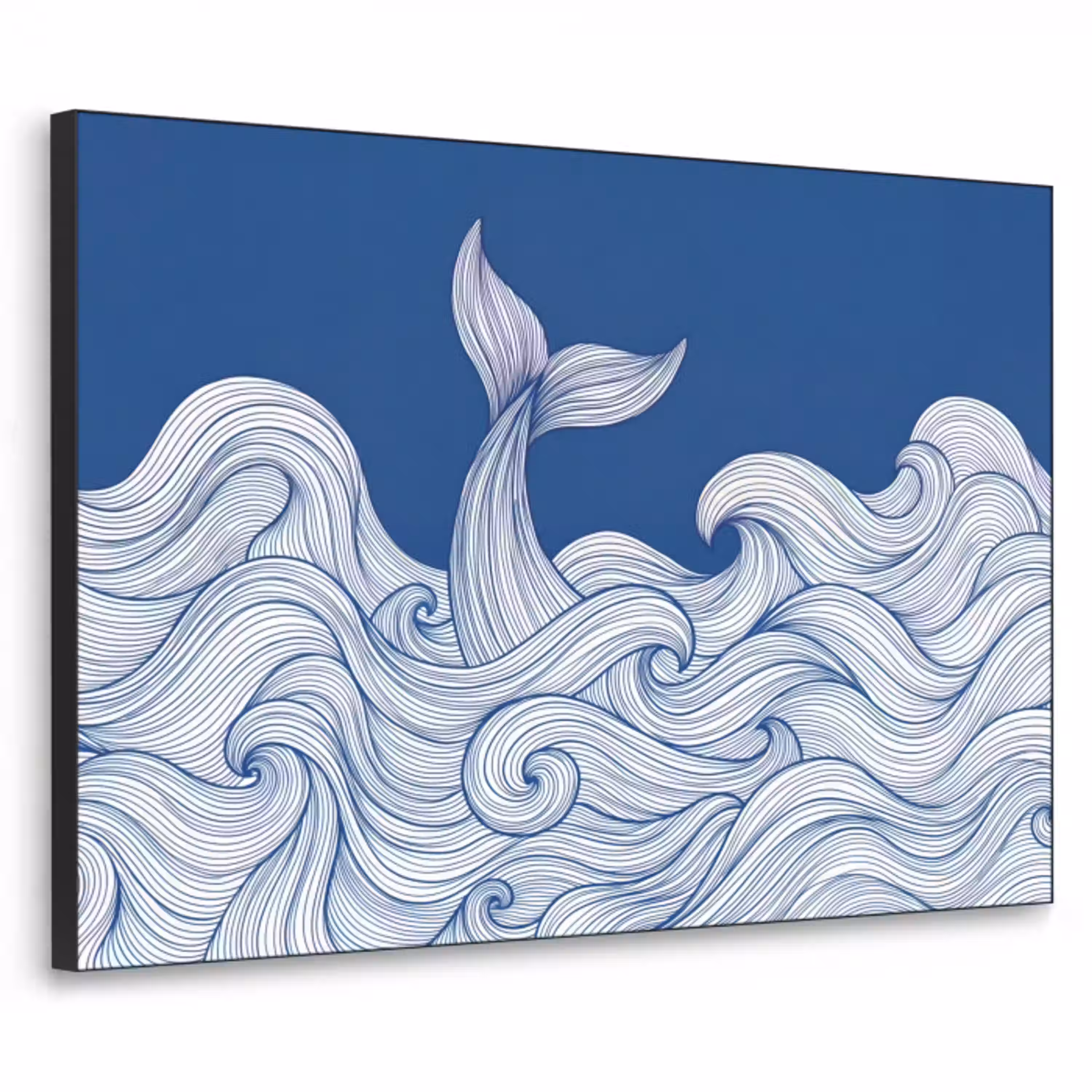 Walvis - Staart - Golven - Lijntekening - Blauw Textielframe zwart klein -3d