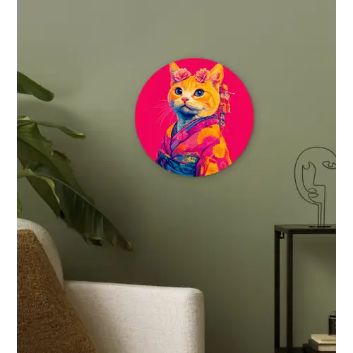 Kat - Kimono - Bloemen - Roze Wandcirkel plexiglas klein -sfeer3