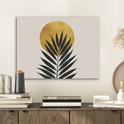 Zwart palmblad - Gouden cirkel - Beige achtergrond PET vilt klein -sfeer1