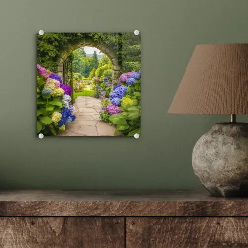 Doorkijk - Poort - Hortensia - Bloementuin plexiglas 5mm klein -sfeer3