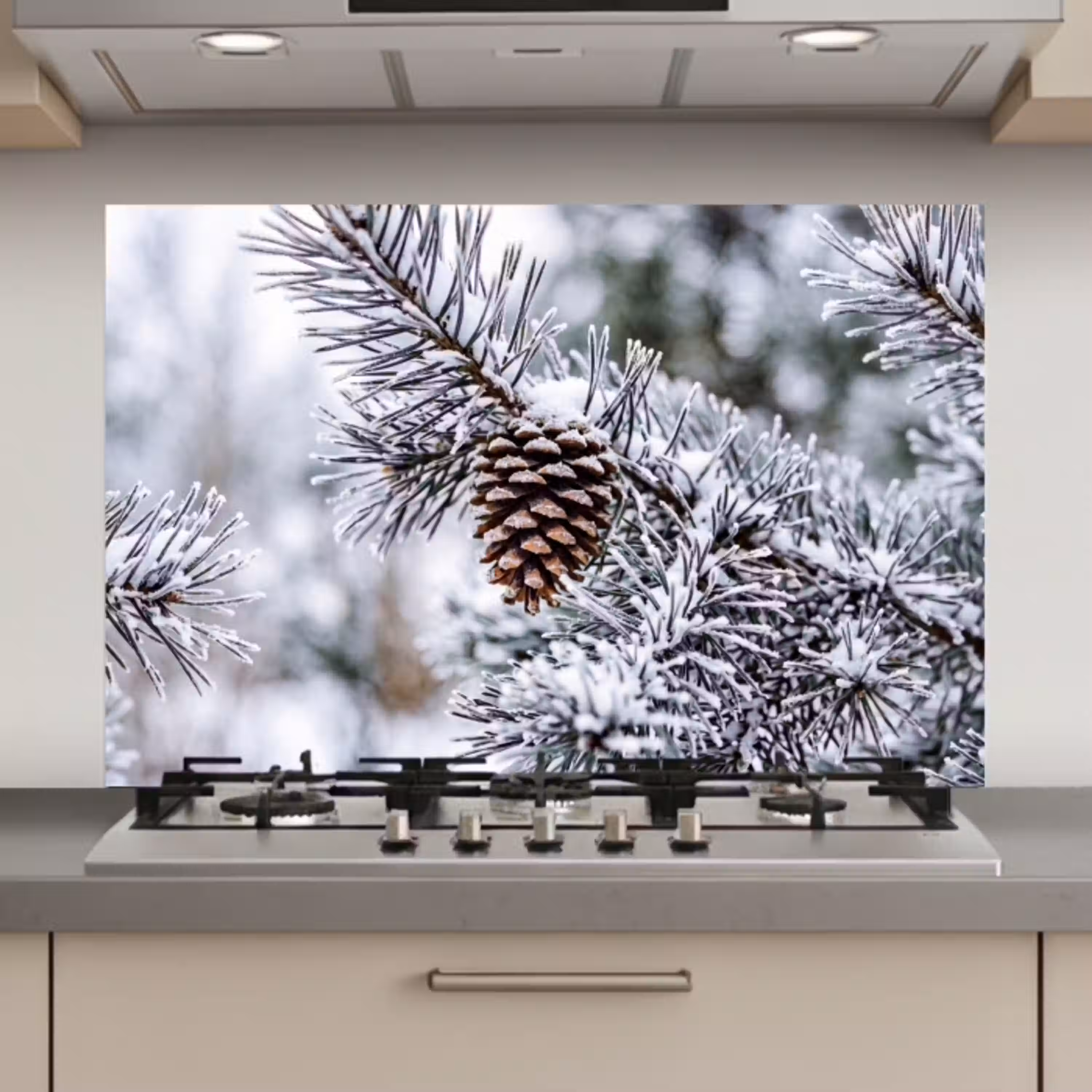 Dennenappel - Tak - Sneeuw - Winter - Sfeervol keuken achterwand spatscherm klein -3d_website