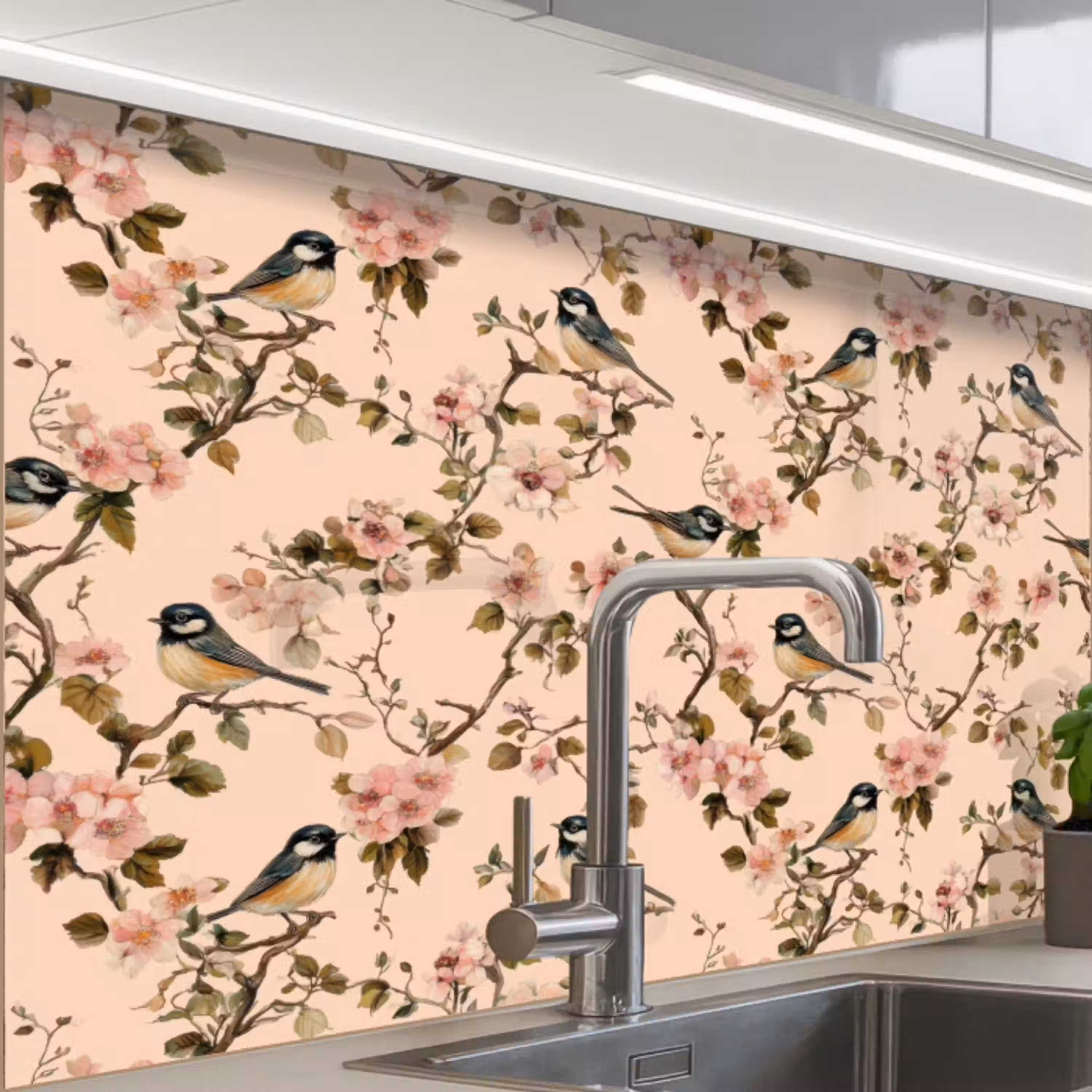 Bloesem - Koolmees - Roze keuken achterwand 2 middel 865 -zzzz3d_schuin