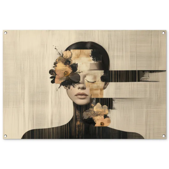 Tuinposter - Gezicht - Bloemen - Zwart - Vrouw