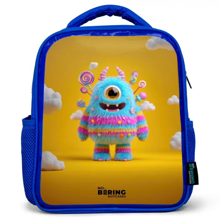 Snoep - Monster - Regenboog Kinderrugzak - Blauw middel -3d