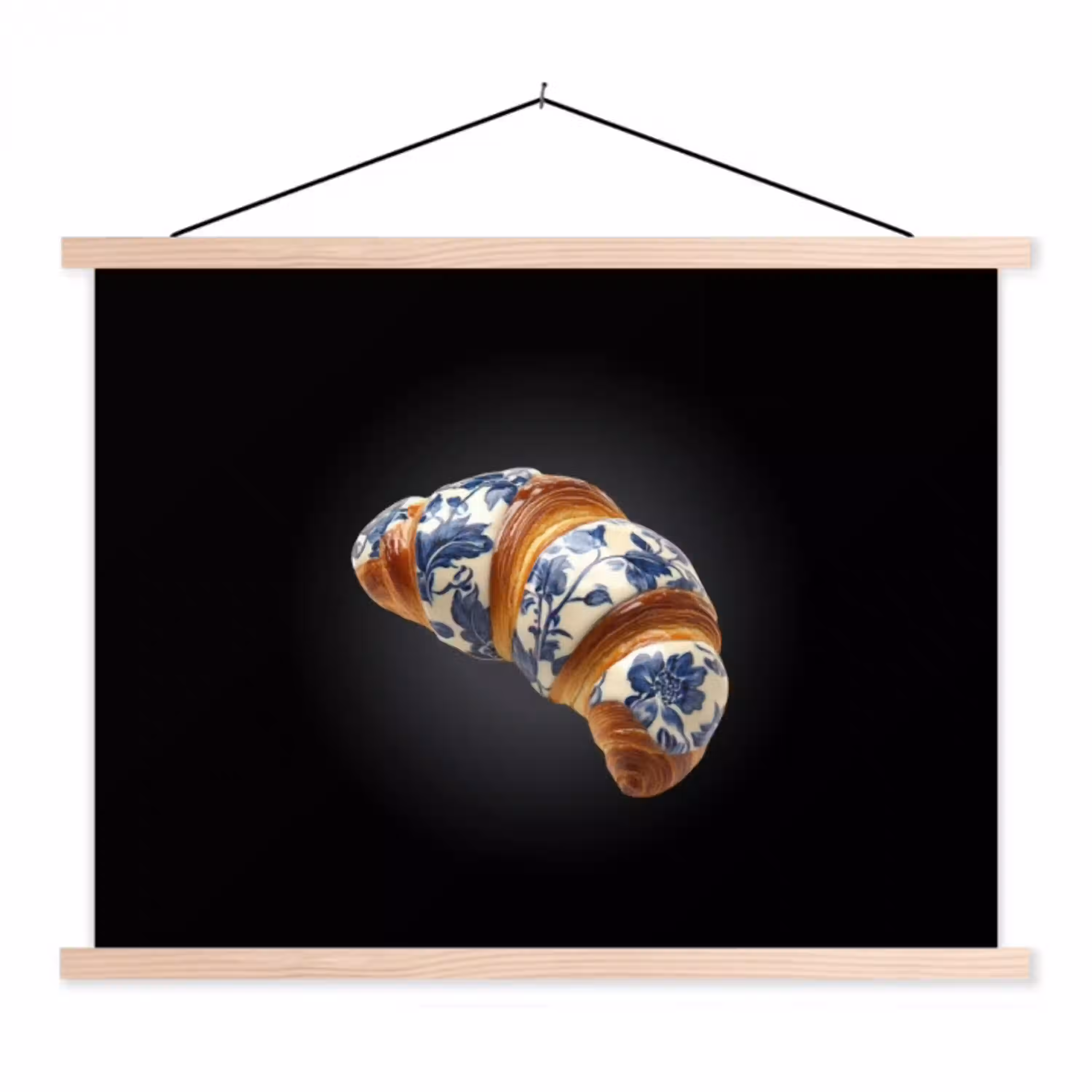 Croissant - Bloemenpatroon - Delftsblauw textielposter latten blank klein -3d