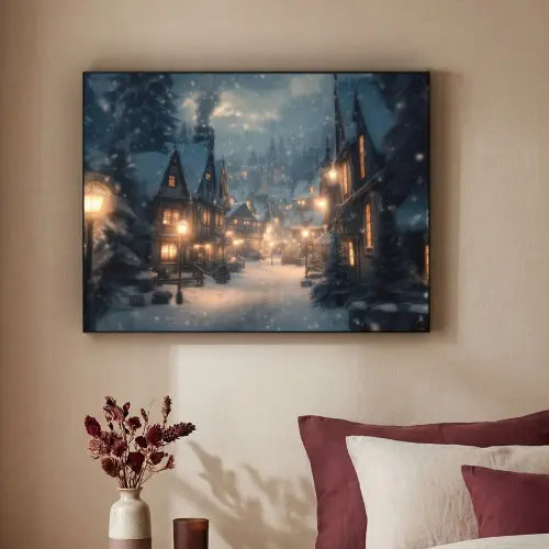 Winterdorp - Sneeuw - Donker Textielframe zwart klein -sfeer1
