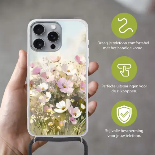 Bloemenveld - Lichte tinten - Geschilderd Hoesje iPhone 16 Pro Max met koord klein -sfeer2_NL
