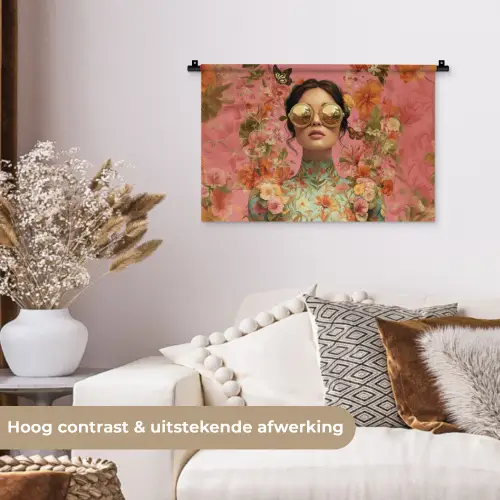 Vrouw - Bril - Roze - Bloemen Wandkleed katoen klein -sfeer1