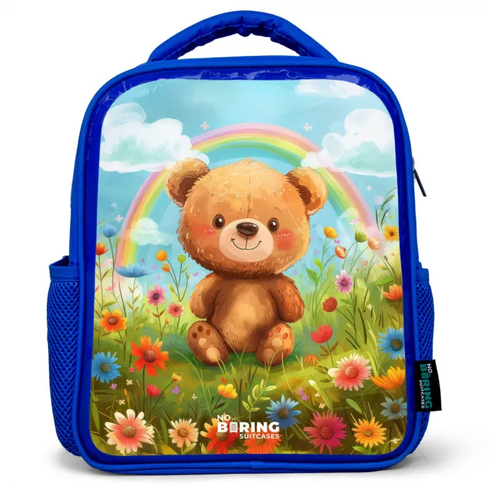 Teddybeer tussen de bloemen Kinderrugzak - Blauw middel -3d
