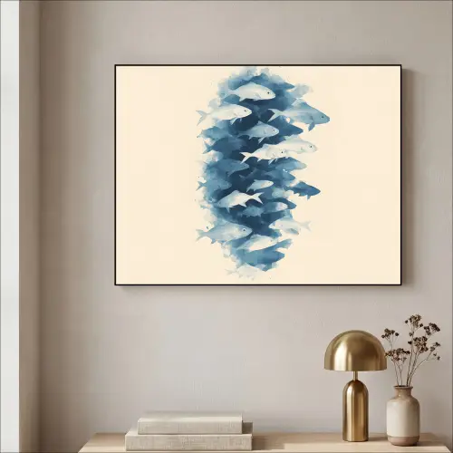 Vissen - Minimalistisch - Blauw Textielframe - compleet frame klein -sfeer2