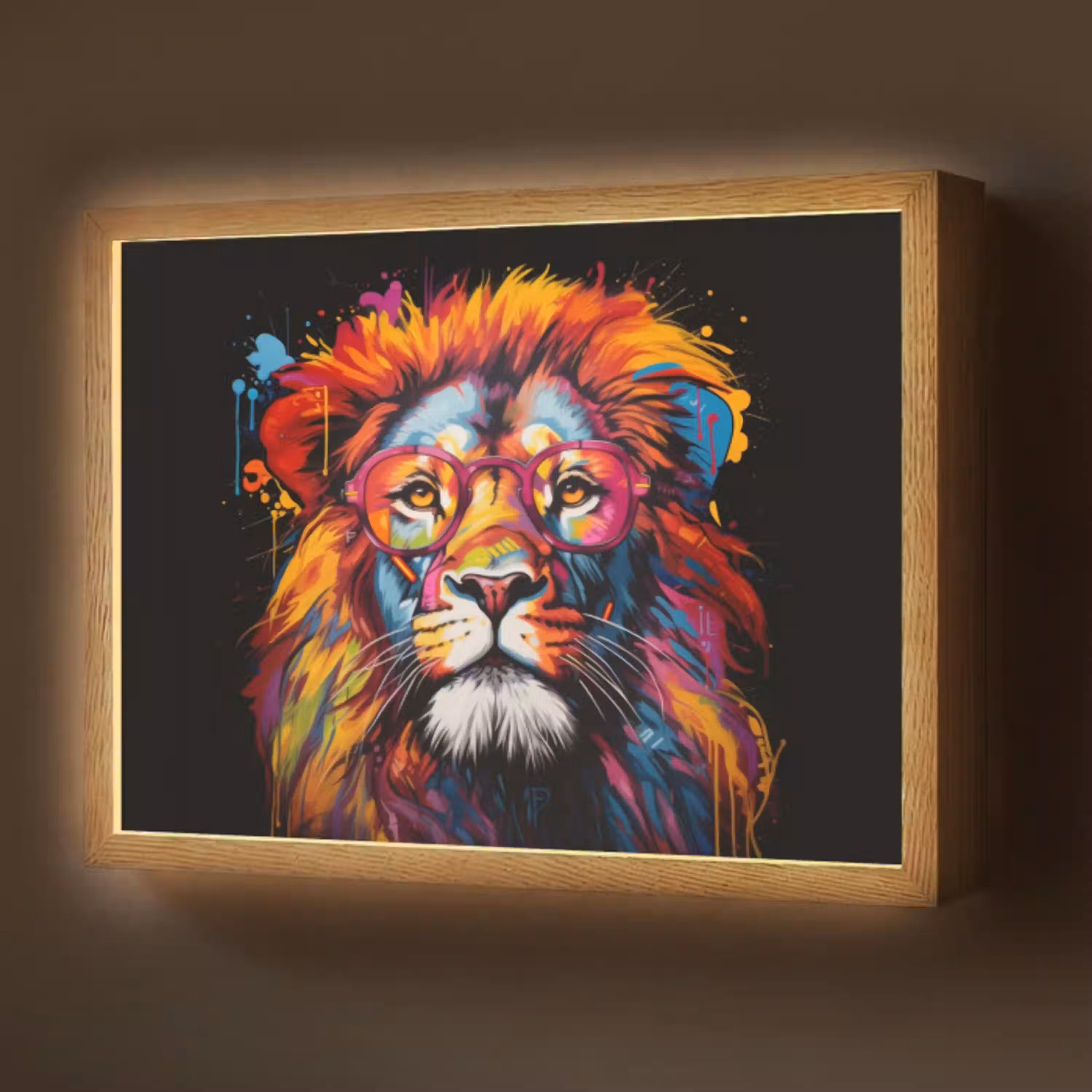 Graffiti - Leeuw - Bril - Zwart - Kleurrijk Light Box met batterij (Wandlamp) middel -z3d_website