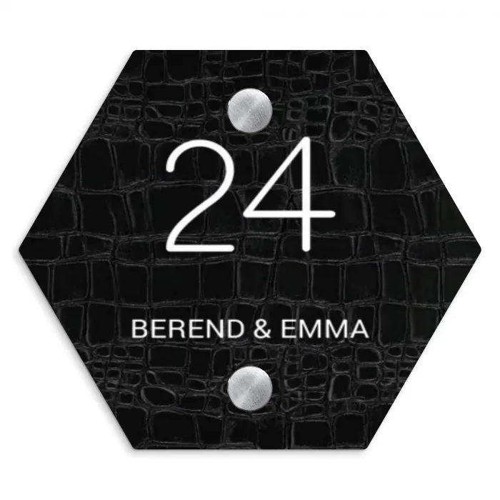 Zwart krokodillenleertextuur - Klassiek Naambord Hexagon klein -3d