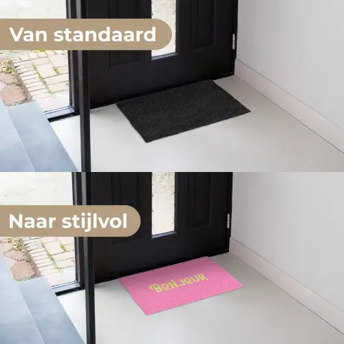 Roze - Groene Bonjour - art-deco Deurmat klein -voor-na_NL