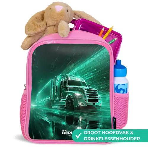 Vrachtwagen - Neon - Groen - Stad Kinderrugzak - Roze middel -inhoud_NL