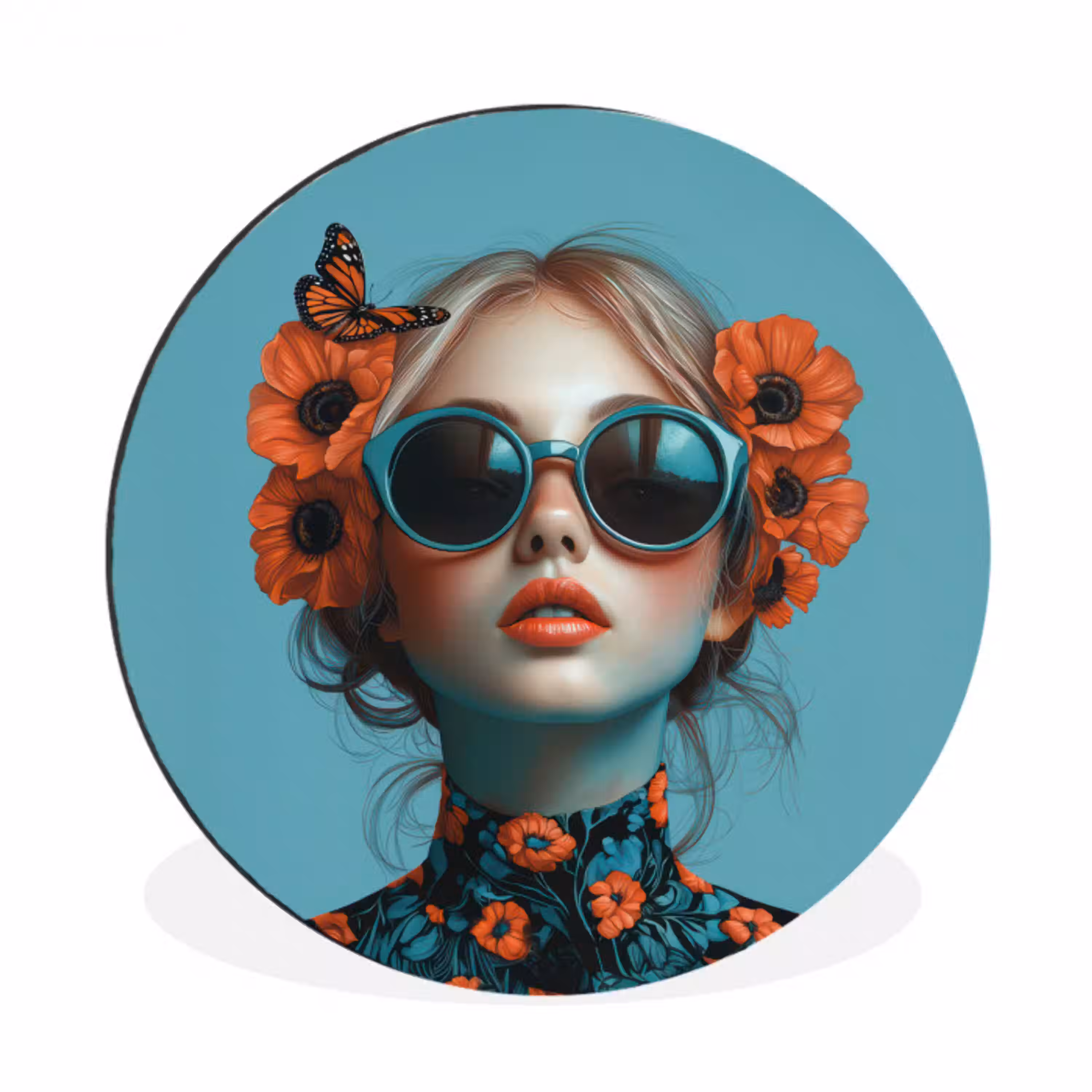 Vrouw - Blauw - Vlinder - Bloemen - Aesthetic Wandcirkel aluminium klein -3d