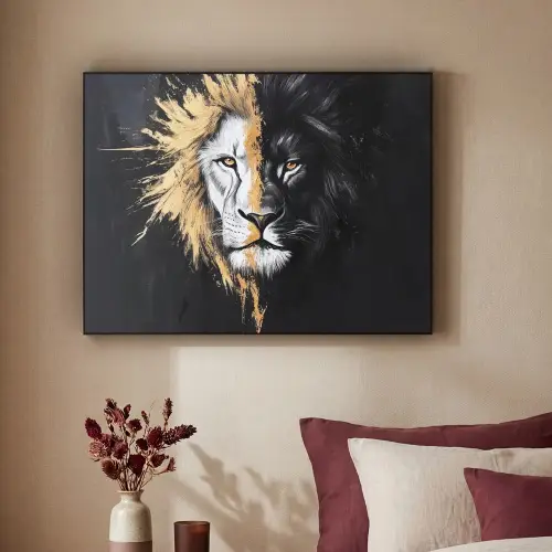 Leeuw - Gesplitst - Zwart - Lijn Textielframe - compleet frame klein -sfeer1