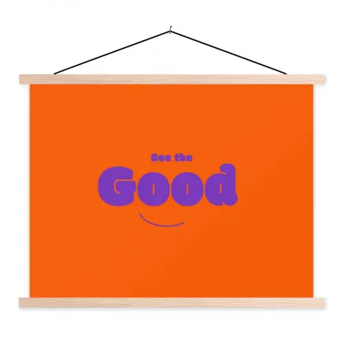 See the good - Paars - Oranje - Smiley textielposter latten blank klein -3d
