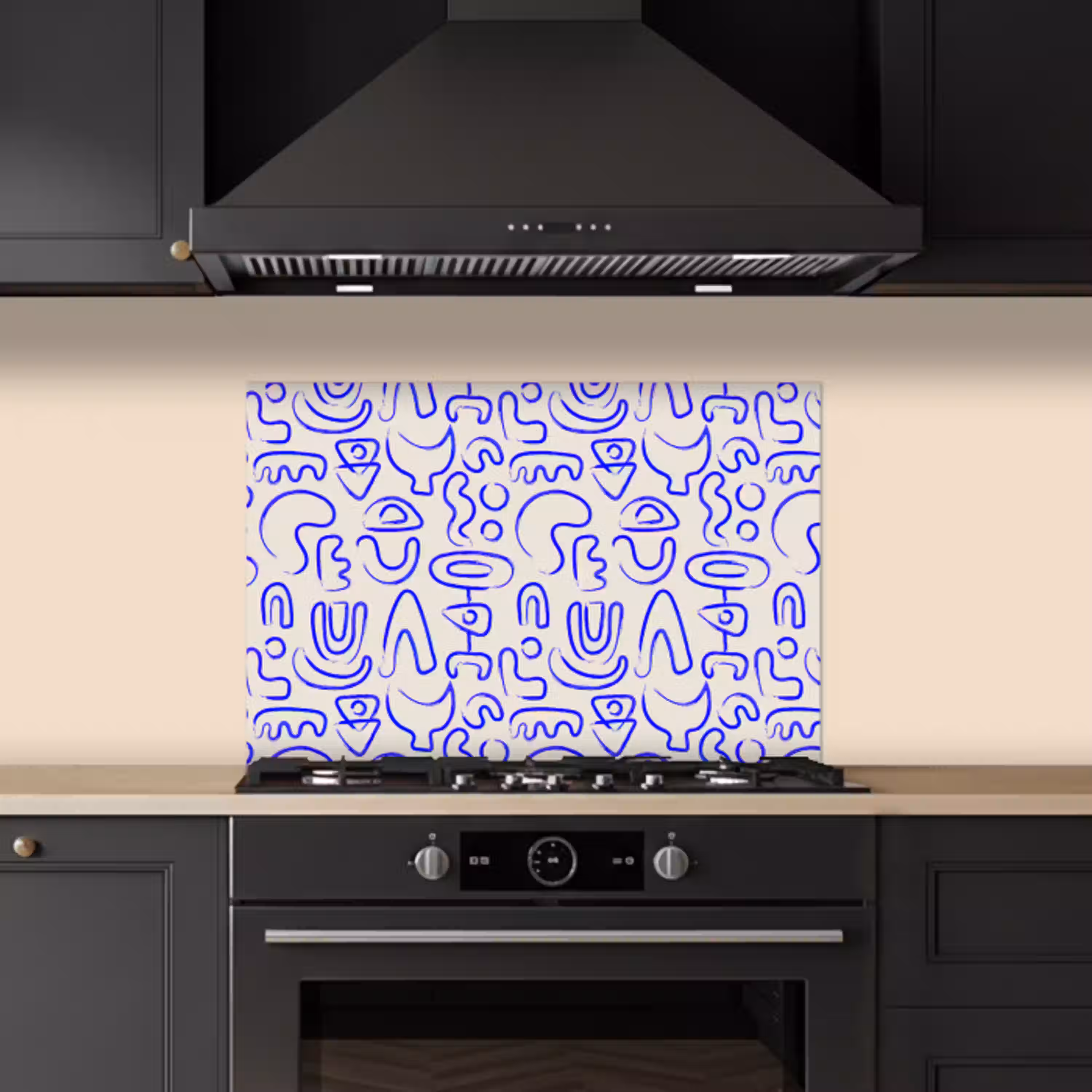 Blauw - Patroon - Abstract - Beige keuken achterwand spatscherm klein 900 -sfeer1