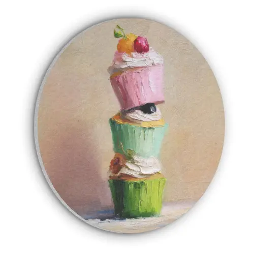 Cupcakes - Gestapeld - Kleurrijk - Fruit Akoestische PET Vilt - Rond klein -3d